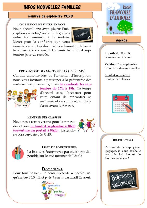 Lettre info nouvelles familles